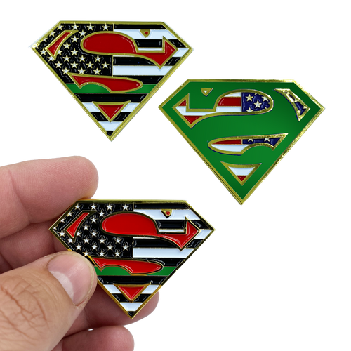Superman Thin Green Line Police Challenge Coin Sheriff Deputy Border Patrol Agent Army Marines BPA Honor First MM-007 - www.ChallengeCoinCreations.com