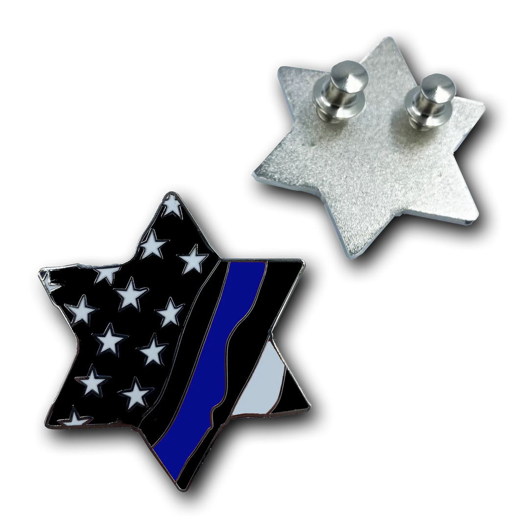 Thin Blue Line Jewish Star of David Police American Flag U.S.A. Pin Cloisonné with deluxe clasps Israel HH-020 P-160E