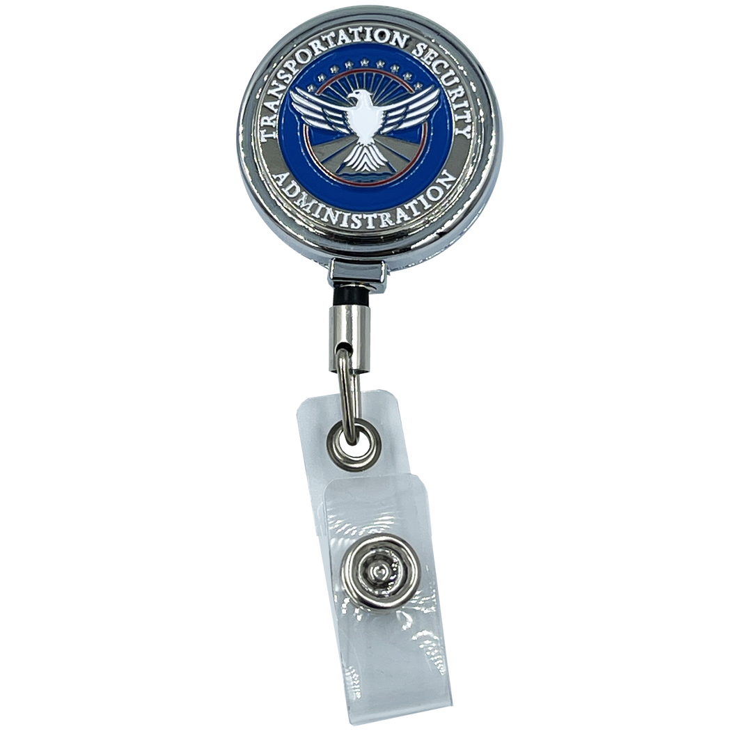 TSA Officer Metal ID Reel retractable ID Card Holder Transportation Security Administration Airport Screener BL10-019 ID-016 - www.ChallengeCoinCreations.com