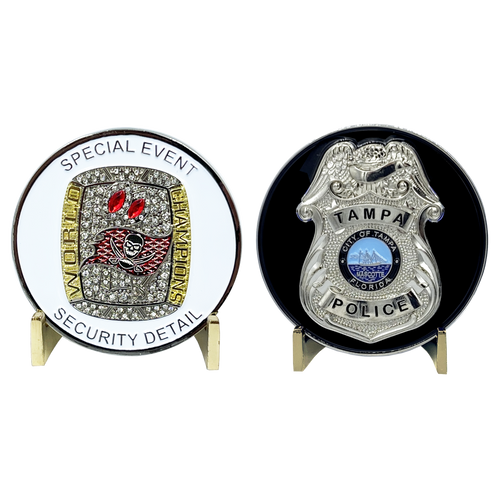Tampa Bay Bucs Police Department Special Event Buccaneers Security Detail Brady Super Bowl Ring Challenge Coin BL11-002 - www.ChallengeCoinCreations.com