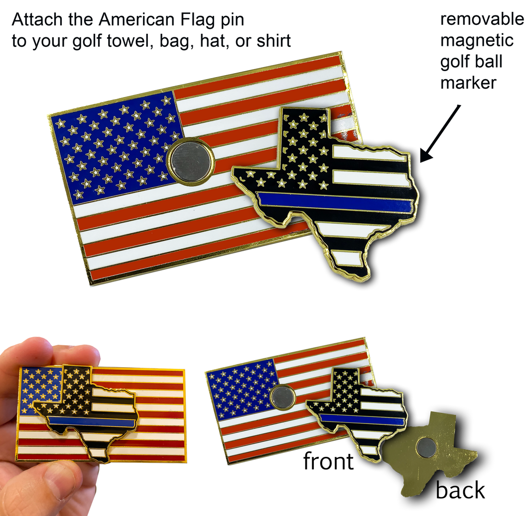 Texas Thin Blue Line Police Golf Ball Marker American Flag Challenge Coin Pin Magnetic GP-003 - www.ChallengeCoinCreations.com