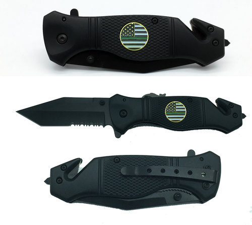 Border Patrol Sheriff Thin Green Line collectible 3 in 1 Tactical Rescue Knife with Seatbelt Cutter Steel Serrated Blade Glass Breaker 3-K - www.ChallengeCoinCreations.com
