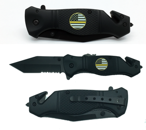 911 Dispatcher Thin Gold Line collectible 3-in-1 Police Tactical Rescue Knife for with Seatbelt Cutter, Steel Serrated Blade, Glass Breaker 2-K - www.ChallengeCoinCreations.com