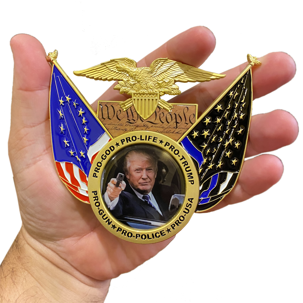 President Trump Pro-Gun, Life, Police Don't Tread on Me, We The People, Betsy Ross, 2nd Amendment Challenge Coin Medallion 45 Donald J BL2-009 - www.ChallengeCoinCreations.com
