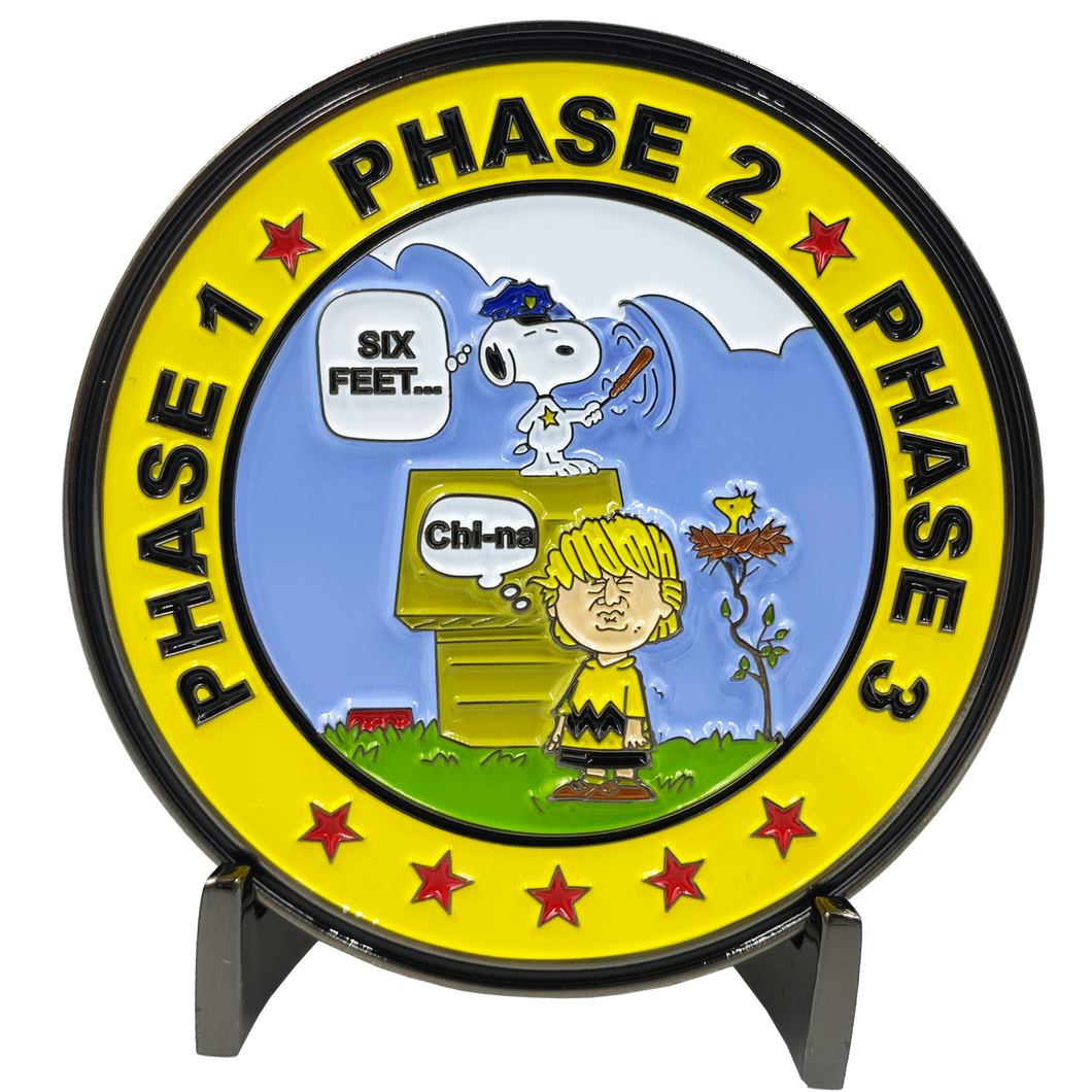 Charlie Brown Trump Pandemic Snoopy Parody Pandemic Opening Up America Again Challenge Coin CL10-04 - www.ChallengeCoinCreations.com