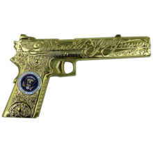 Load image into Gallery viewer, new Shiny Gold special edition TRUMP 2020 MAR-A-LAGO &quot;Jesse James&quot; 1911 MAGA Challenge Coin DL3-11 - www.ChallengeCoinCreations.com