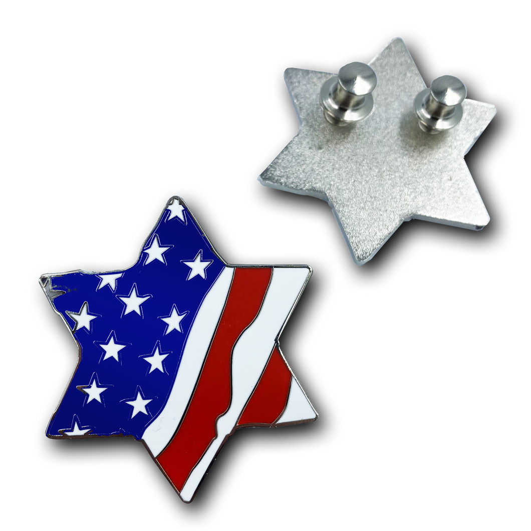 Jewish Star of David Red, White, and Blue American Flag U.S.A. Pin Cloisonné with deluxe clasps Israel HH-019 - www.ChallengeCoinCreations.com