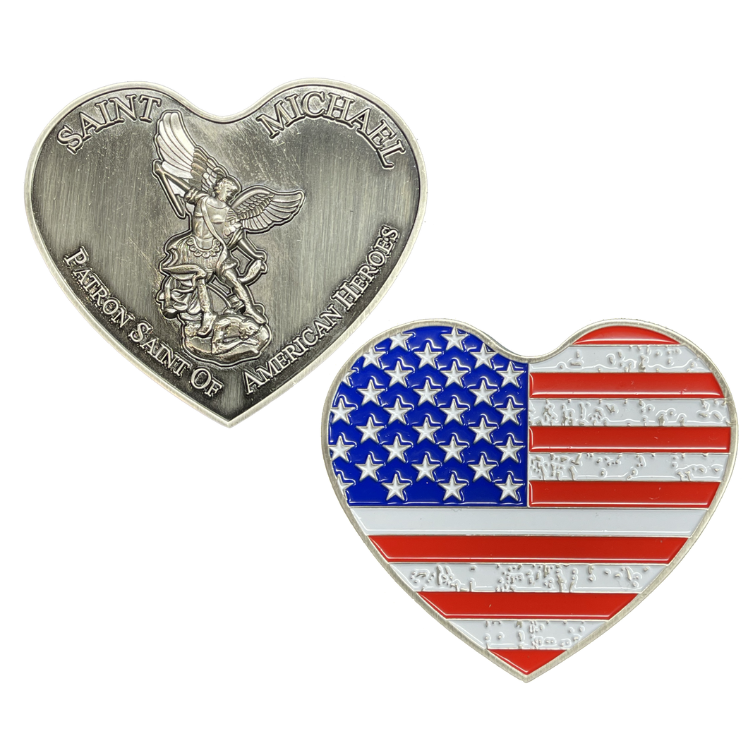 AMERICAN FLAG Patriotic USA St. Michael Heart Love prayer Patron Saint of American Heroes Military Police Veteran Paramedic EL4-001 - www.ChallengeCoinCreations.com