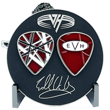 Load image into Gallery viewer, Sir Eddie Van Halen Guitar Pick Challenge Coin with facsimile autograph BL2-004 - www.ChallengeCoinCreations.com