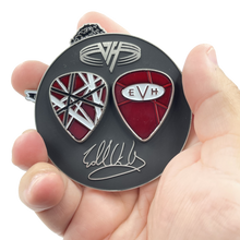 Load image into Gallery viewer, Sir Eddie Van Halen Guitar Pick Challenge Coin with facsimile autograph BL2-004 - www.ChallengeCoinCreations.com
