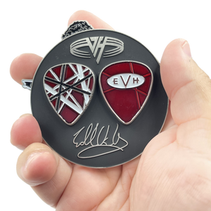 Sir Eddie Van Halen Guitar Pick Challenge Coin with facsimile autograph BL2-004 - www.ChallengeCoinCreations.com