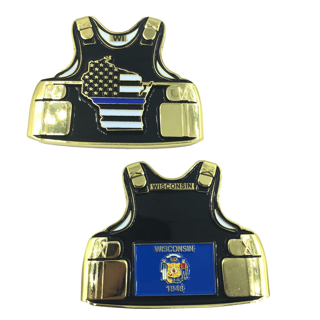 Wisconsin LEO Thin Blue Line Police Body Armor State Flag Challenge Coins C-006 - www.ChallengeCoinCreations.com