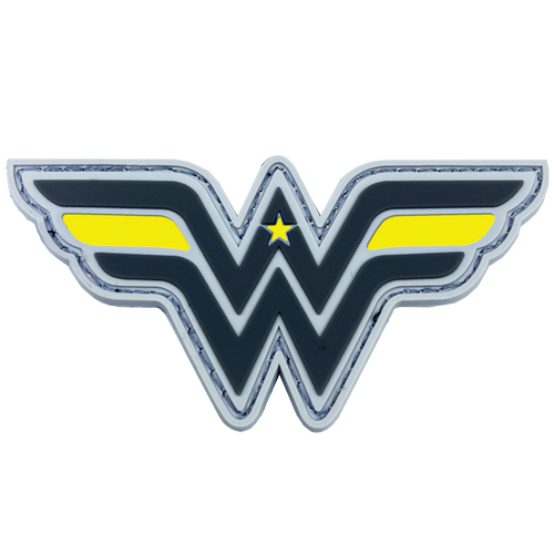 Wonder Woman inspired Women in Law Enforcement Thin Gold Line 911 Emergency Dispatcher Patch hook and loop back PVC yellow DL4-09 - www.ChallengeCoinCreations.com