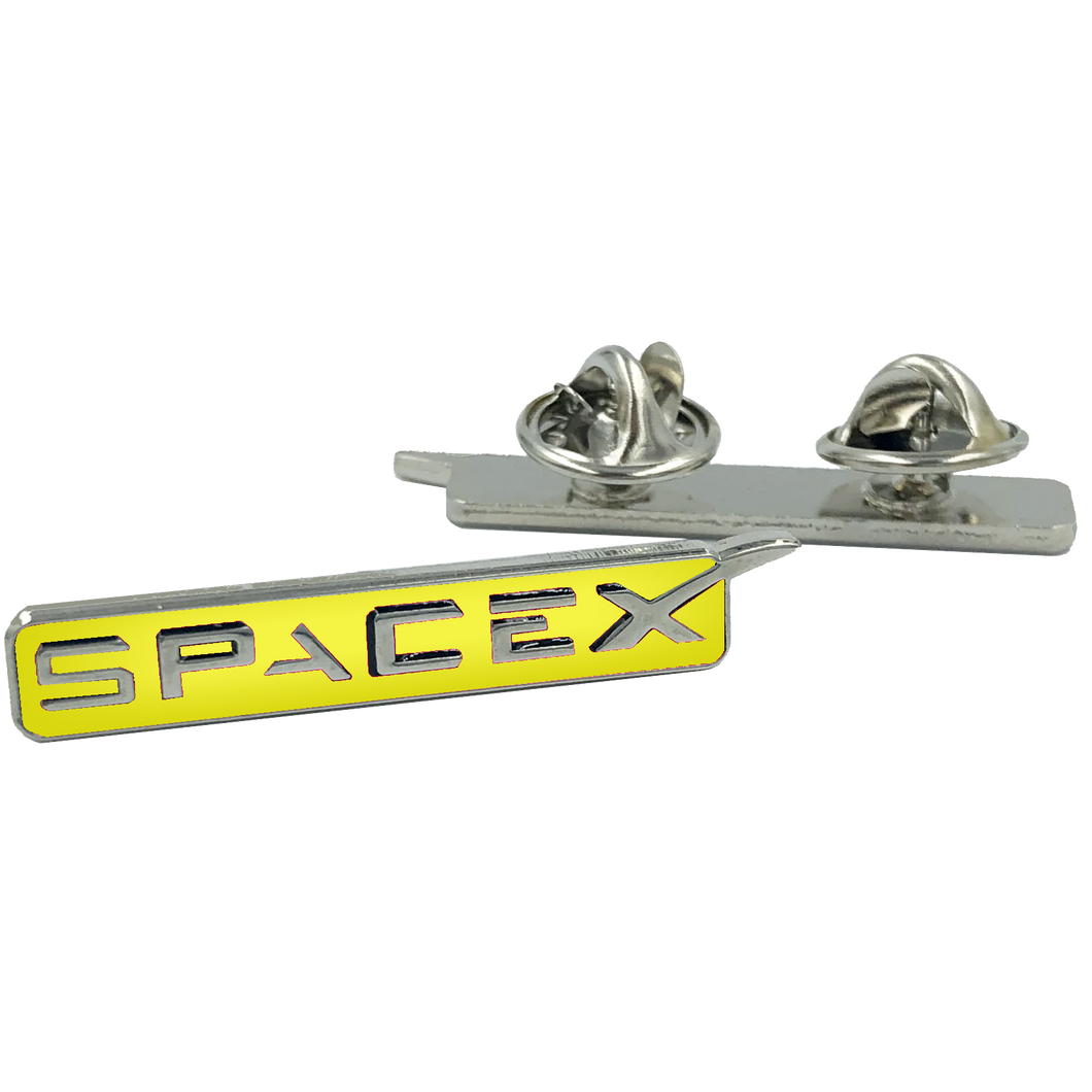 SpaceX pin Space X dual pin back yellow lapel pin M-33 - www.ChallengeCoinCreations.com