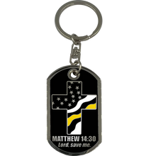Load image into Gallery viewer, 911 Emergency Police Dispatcher Thin Yellow Line Prayer Saint Michael Corrections Protect Us Matthew 14:30 Challenge Coin Dog Tag Keychain Thin Gold Line GL6-007 KCDT-12A