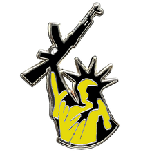 Load image into Gallery viewer, Thin Gold Line Statue of Liberty M4 Cloisonné Pin with dual pin posts 911 Emergency Dispatcher yellow P-101 - www.ChallengeCoinCreations.com
