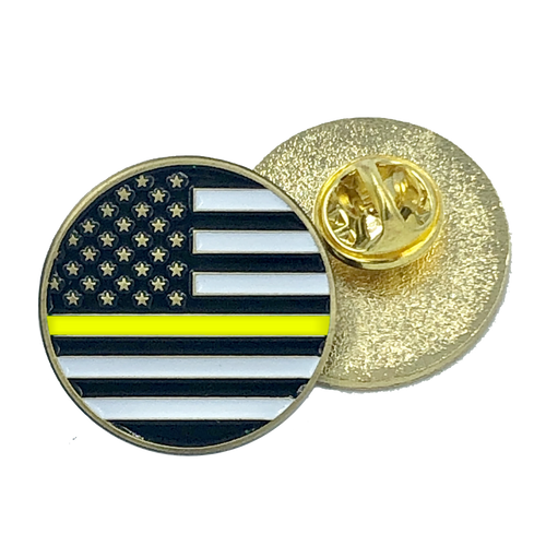 Thin Gold Line Line pin american flag yellow 911 Emergency Dispatcher (round) CL-019 P-109 - www.ChallengeCoinCreations.com