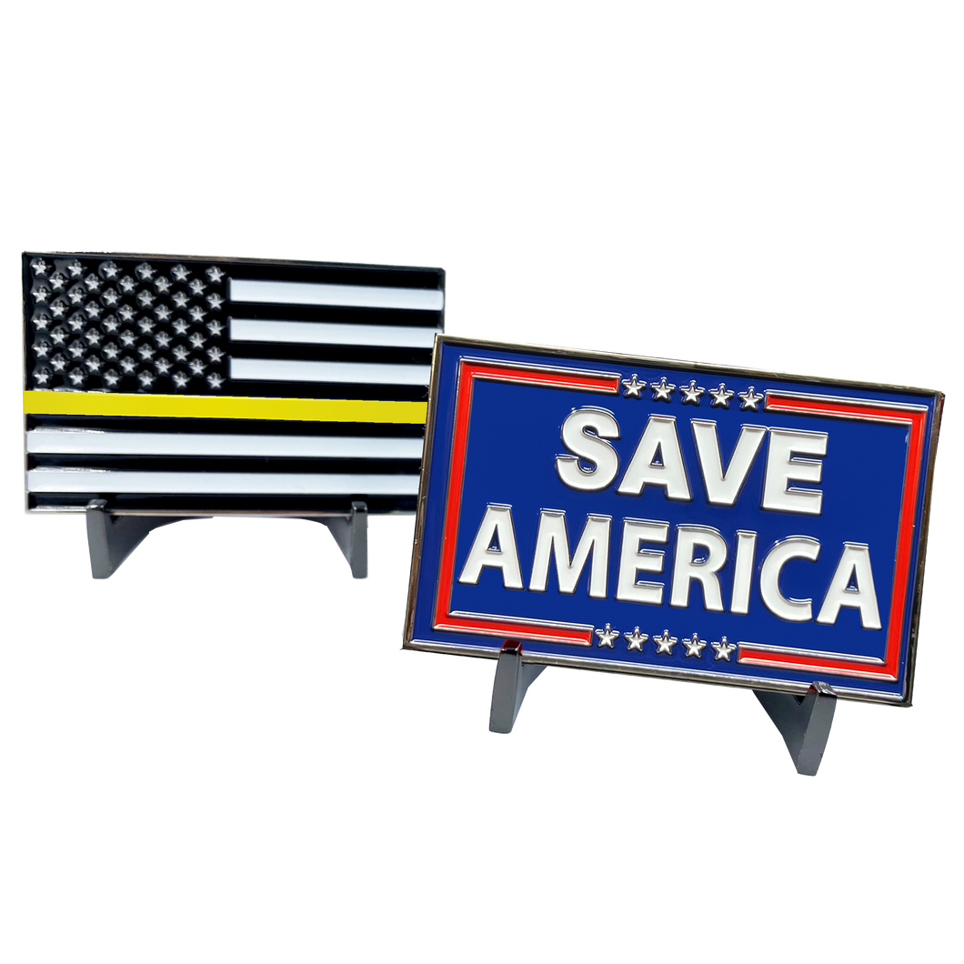 Save America 911 Emergency Dispatcher Thin Gold Line American Flag Challenge Coin Yellow Police Trump MAGA DeSantis GL2-014