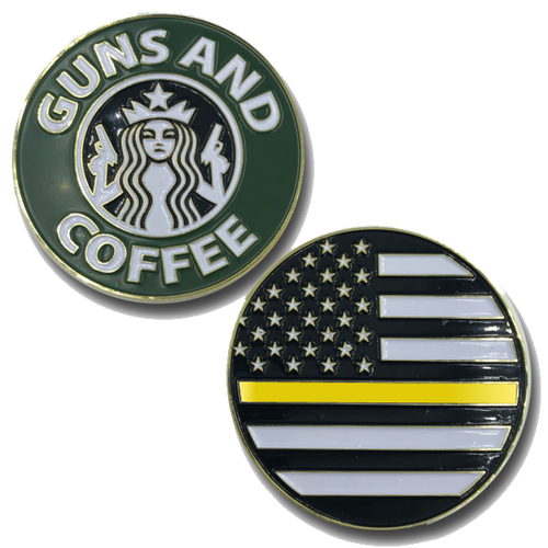 L-15 Thin Yellow/Gold Line Guns and Coffee Challenge Coin Police 911 dispatcher - www.ChallengeCoinCreations.com