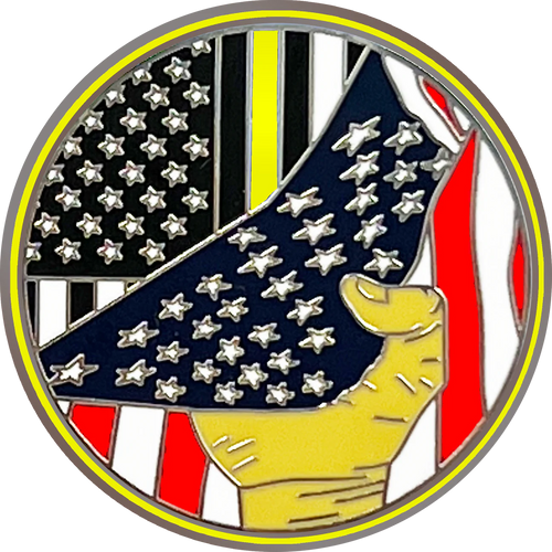 Thin Gold Line American Flag Police 911 Emergency Dispatcher Lapel Pin hand pulling down Yellow Line Trucker PBX-002-L P-186