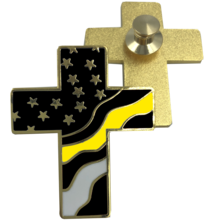 Load image into Gallery viewer, Thin Gold Line American Flag Cross USA Lapel pin Cloisonné 911 Dispatcher Emergency Yellow 013-P - www.ChallengeCoinCreations.com