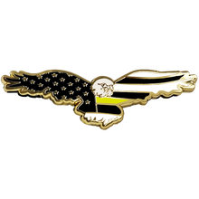 Load image into Gallery viewer, Bald Eagle Thin Yellow Line 911 Emergency Dispatcher American Flag Cloisonné pin with dual pin posts Gold Line Trucker PBX-006-E  P-197A