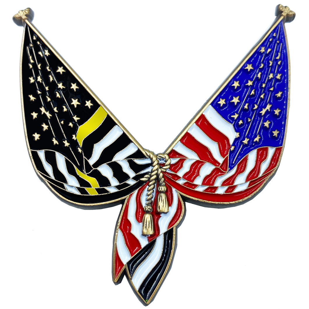 Thin Gold Line Flag Pin 2 inch with dual pin posts 911 Emergency Dispatched yellow DL10-02 - www.ChallengeCoinCreations.com