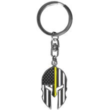 Load image into Gallery viewer, Gladiator Police Dispatcher Thin Yellow Line Flag Spartan Helmet Trucker Keychain 911 Emergency GHKB-1E KC-41