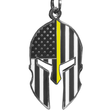 Load image into Gallery viewer, Gladiator Police Dispatcher Thin Yellow Line Flag Spartan Helmet Trucker Keychain 911 Emergency GHKB-1E KC-41