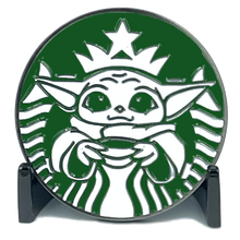Load image into Gallery viewer, Starbucks parody challenge coin featuring Baby Yoda drinking coffee and Mandalorian This is The Way inspired by Star Wars EL7-009 - www.ChallengeCoinCreations.com