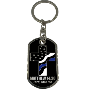 Police Officer Prayer Saint Michael Protect Us Matthew 14:30 Challenge Coin Dog Tag Keychain Thin Blue Line GL5-005 KCDT-12B