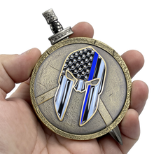 Load image into Gallery viewer, Thin Blue Line Police Warrior Gladiator Shield with removable Sword Challenge Coin Set Deputy Sheriff CBP ATF DEA hsi ice EL6-019 - www.ChallengeCoinCreations.com