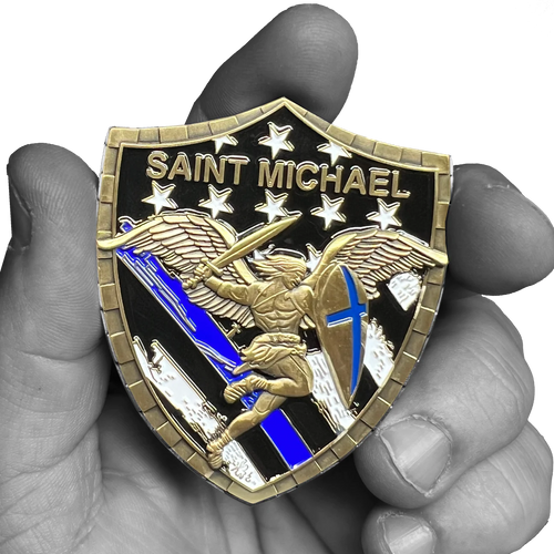 Police Saint Michael Gladiator Shield Thin Blue Line Flag Challenge Coin LAPD NYPD CPD CBP BI ATF GL5-004