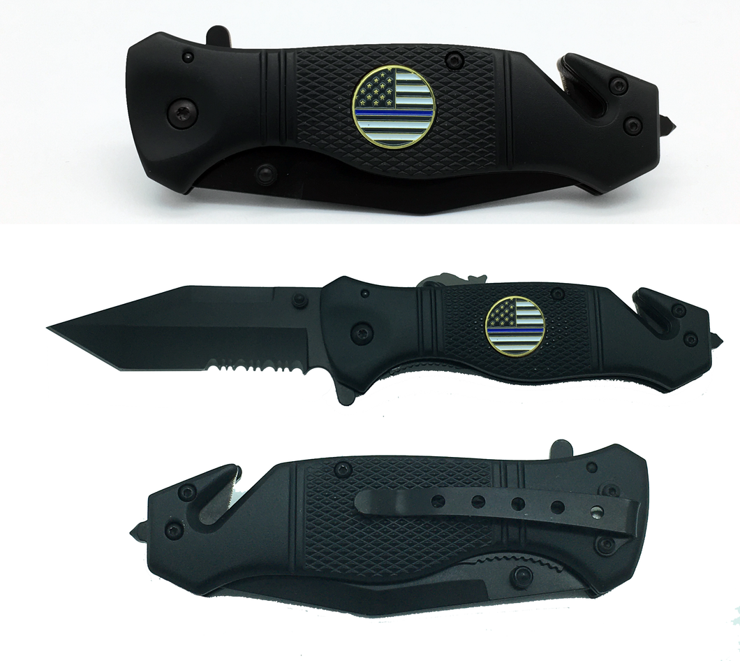 Thin Blue Line Police collectible 3-in-1 Police Tactical Rescue Knife for with Seatbelt Cutter, Steel Serrated Blade, Glass Breaker 5-K - www.ChallengeCoinCreations.com