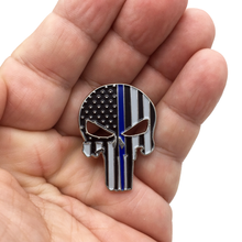 Load image into Gallery viewer, Thin Blue Line Skull Pin with Dual Pin posts and Deluxe Safety Locking Clasps P-010 - www.ChallengeCoinCreations.com