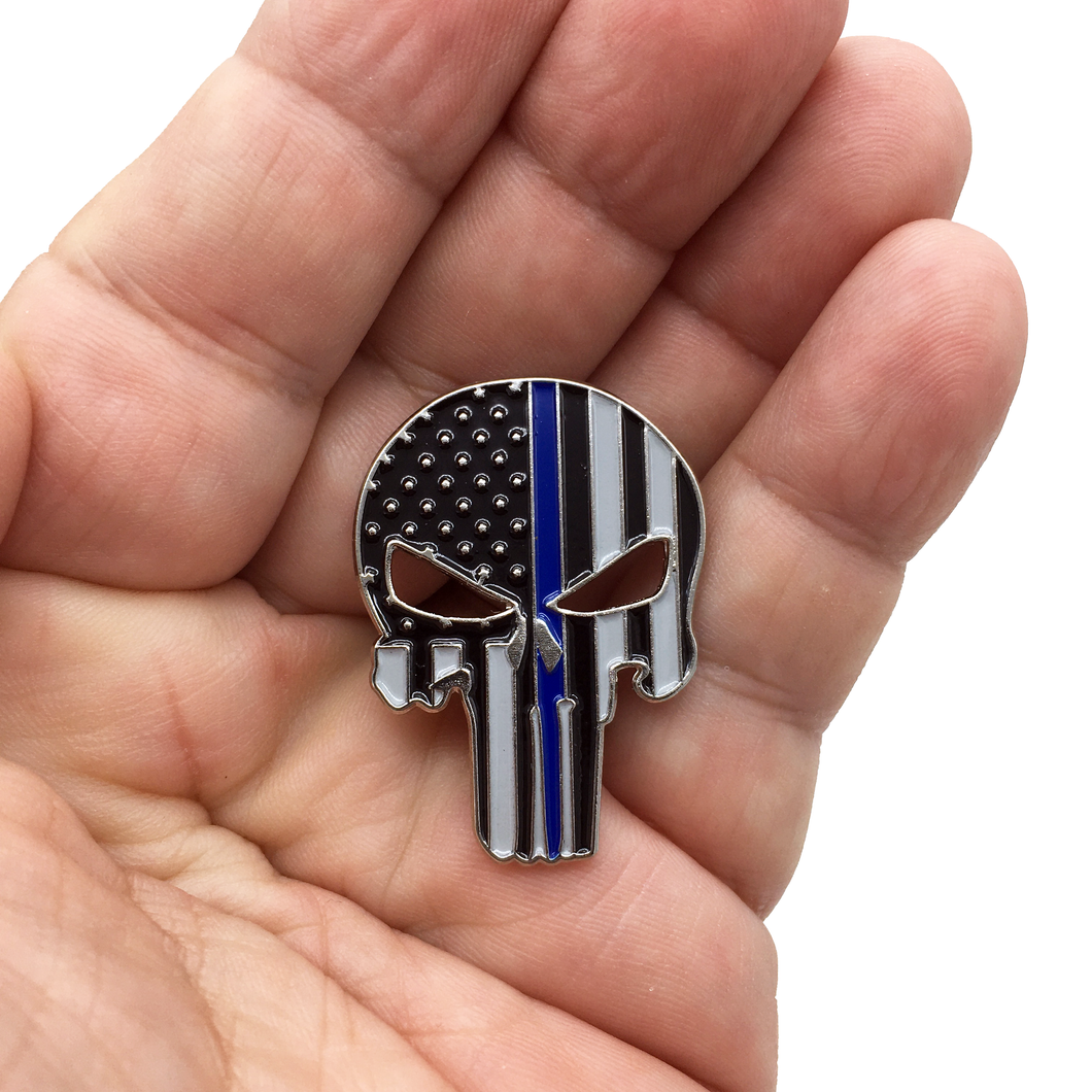 Thin Blue Line Skull Pin with Dual Pin posts and Deluxe Safety Locking Clasps P-010 - www.ChallengeCoinCreations.com