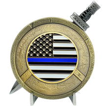 Load image into Gallery viewer, Thin Blue Line Police Warrior Gladiator Shield with removable Sword Challenge Coin Set Deputy Sheriff CBP ATF DEA hsi ice EL6-019 - www.ChallengeCoinCreations.com