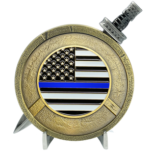 Thin Blue Line Police Warrior Gladiator Shield with removable Sword Challenge Coin Set Deputy Sheriff CBP ATF DEA hsi ice EL6-019 - www.ChallengeCoinCreations.com