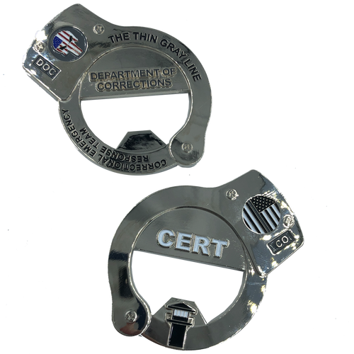 CERT Thin Gray Line HANDCUFFs Challenge Coin Bottle Opener Corrections Correctional Officer KK-013 - www.ChallengeCoinCreations.com