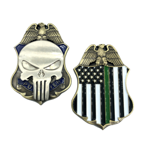 SK-013 Thin Green Line Skull Badge Challenge Coin Customs Border Patrol, PR, GW, Conservation Officer - www.ChallengeCoinCreations.com