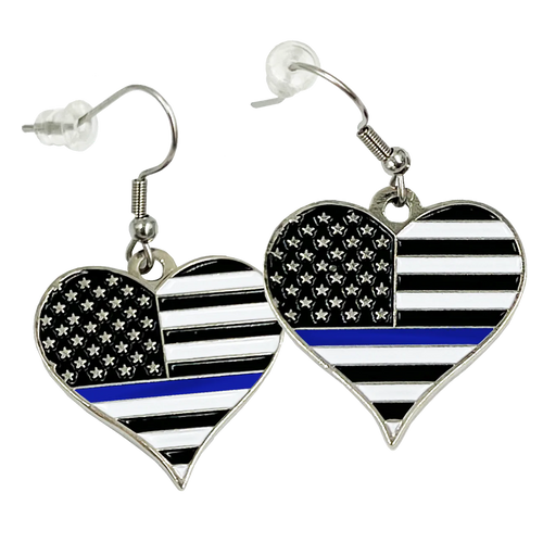 Double sided Thin Blue Line US American Flag Police Officer Earrings Women Ladies WIFLE EL9-003B