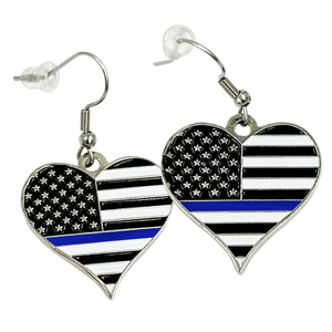 Double sided Thin Blue Line US American Flag Police Officer Earrings Women Ladies WIFLE EL9-003B