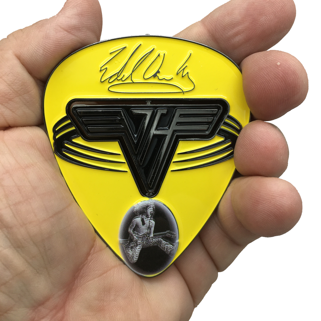 Eddie Van Halen Tribute Black and Yellow Version Guitar Pick Challenge Coin EVH Frankenstein N-005A - www.ChallengeCoinCreations.com