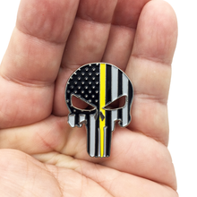 Load image into Gallery viewer, Thin Gold Line Skull Pin with Dual Pin posts and Deluxe Safety Locking Clasps P-006 - www.ChallengeCoinCreations.com