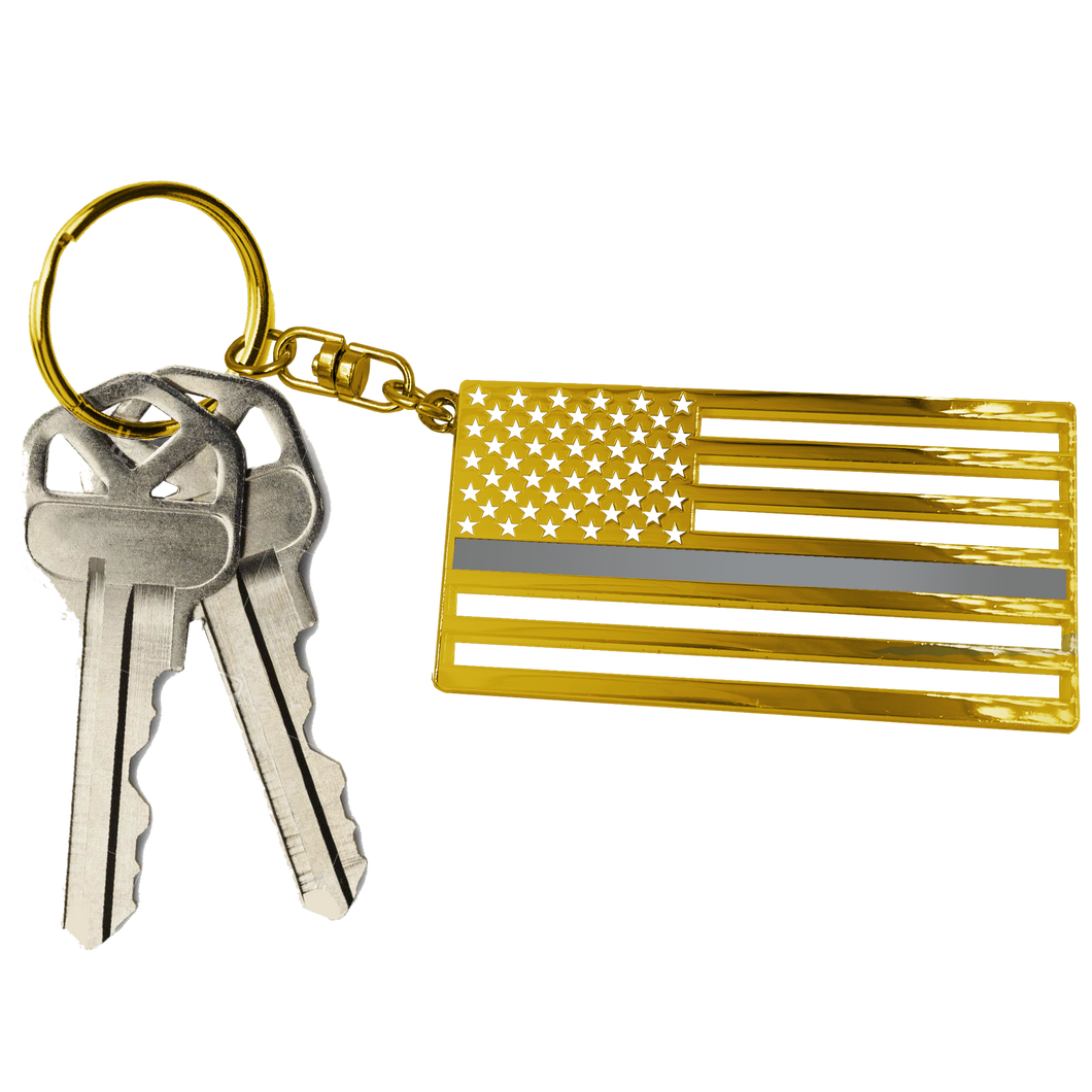 Thin Gray Line CO Correctional Officer Corrections American Flag die-cut gold challenge coin keychain with swivel and 1