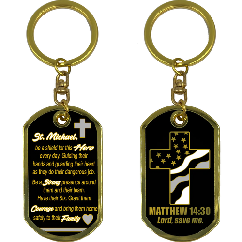 KCDTCorrectional Officer CO Prayer Saint Michael Corrections Protect Us Matthew 14:30 Challenge Coin Dog Tag Keychain Thin Gray Line GL5-007 KCDT-13A