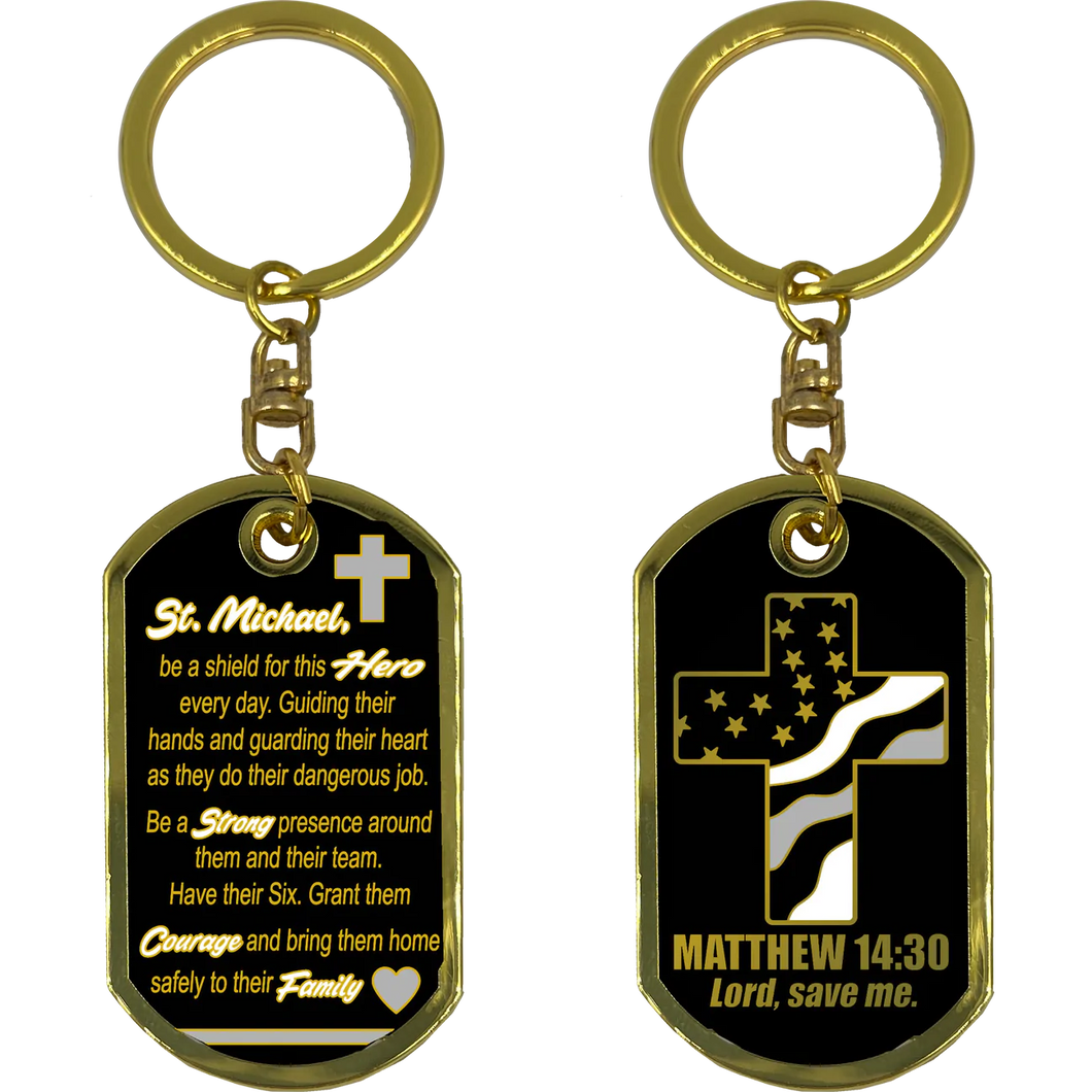 KCDTCorrectional Officer CO Prayer Saint Michael Corrections Protect Us Matthew 14:30 Challenge Coin Dog Tag Keychain Thin Gray Line GL5-007 KCDT-13A