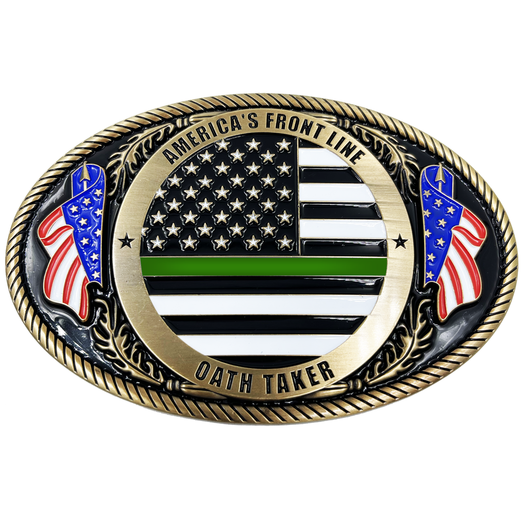 Border Patrol Agent Deputy Sheriff Army Marines CBP Police Officer Antique Gold Thin Green Line Police American Flag Belt Buckle America's Front Line Oath Taker BPA Border Patrol Agent EL3-006 - www.ChallengeCoinCreations.com