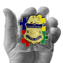 Load image into Gallery viewer, CBP Border Patrol Agent Autism Awareness Month lapel pin puzzle pieces display like a challenge coin EL7-014 P-186B