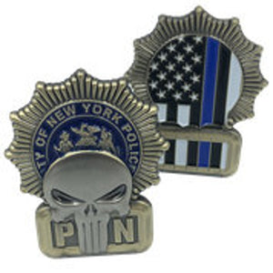 City Of New York Police  NYPD Skull Badge Thin Blue Line Challenge Coin SK-018 - www.ChallengeCoinCreations.com
